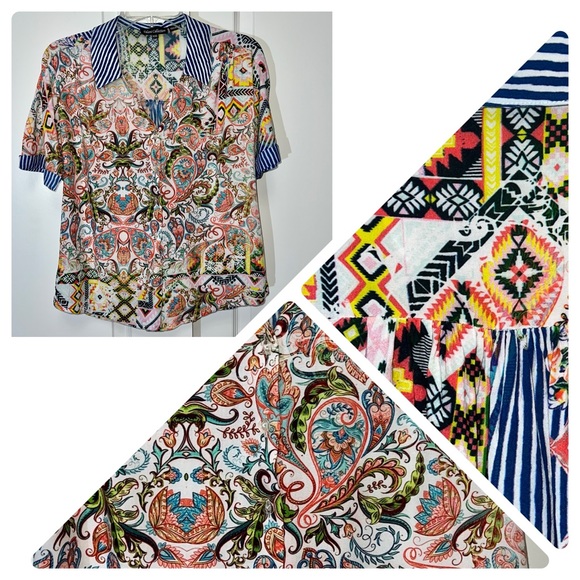 Tolani Collection Blouse Short Sleeve Button Down Paisley Blue White Stripe XXS - Picture 1 of 14